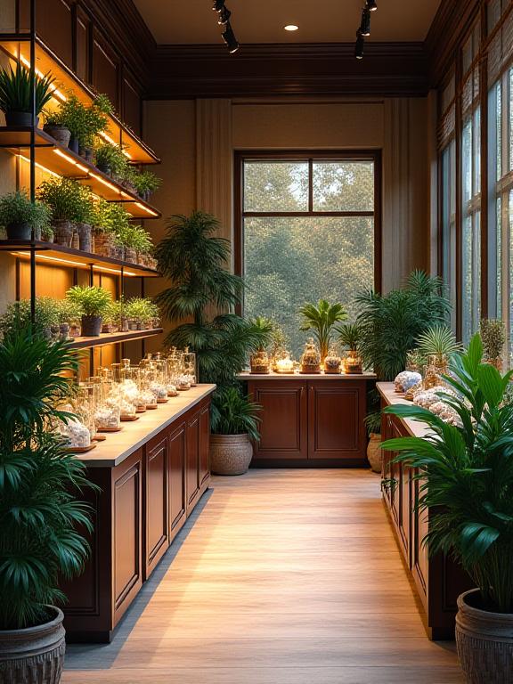 Dettaglio dell'interno del negozio Muschio e Quarzo con piante e minerali